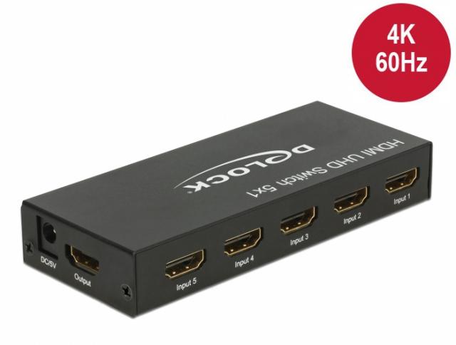 5 портов HDMI суич Delock  4K@60Hz, Дистанционно, Черен 