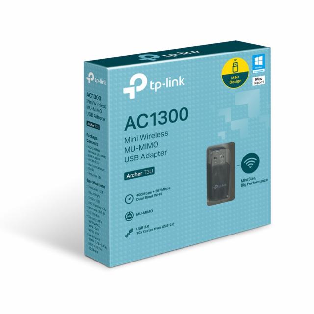 Безжичен адаптер TP-LINK Archer T3U, AC 1300 MU-MIMO, Dual band, USB 3.0, вградена антена 