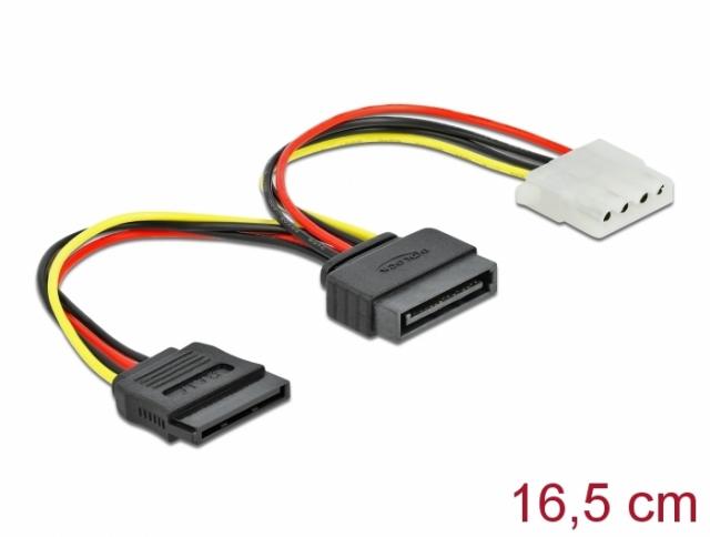 Кабел DeLock SATA 15 pin мъжко към Molex 4 pin женско + SATA 15 pin женско 