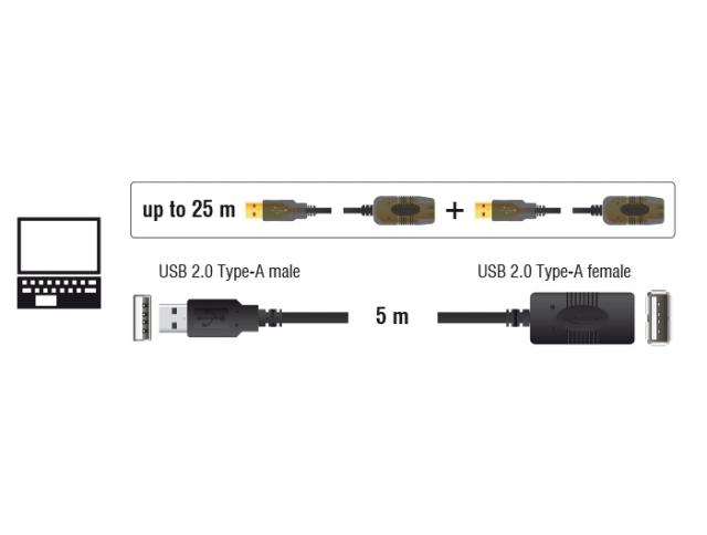 Удължителен кабел DeLock, USB-A мъжко - USB-A женско, USB 2.0, 5 м, Черен 