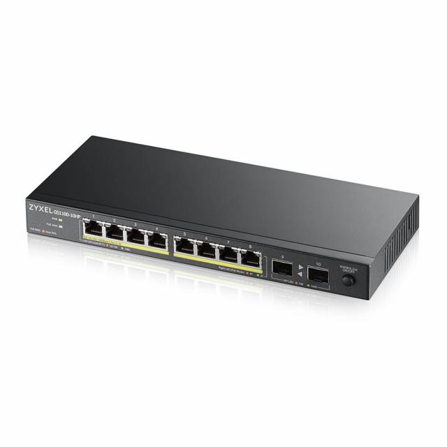 Суич ZYXEL GS1100-10HP, 8-портов, Gigabit, PoE, 2xSFP 