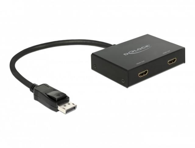 Сплитер DeLock, DisplayPort 1.2 мъжко - 2 x HDMI женско, Черен 