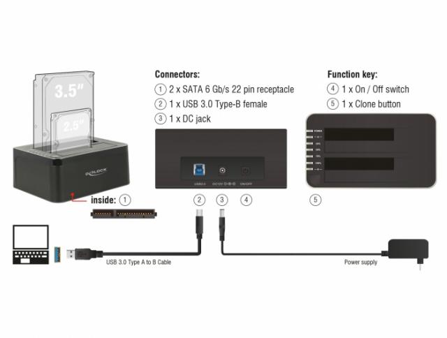 Външна докинг станция Delock 62661, за 2.5"/3.5" HDD/SSD, USB 3.0, Функция за клониране, Черен 