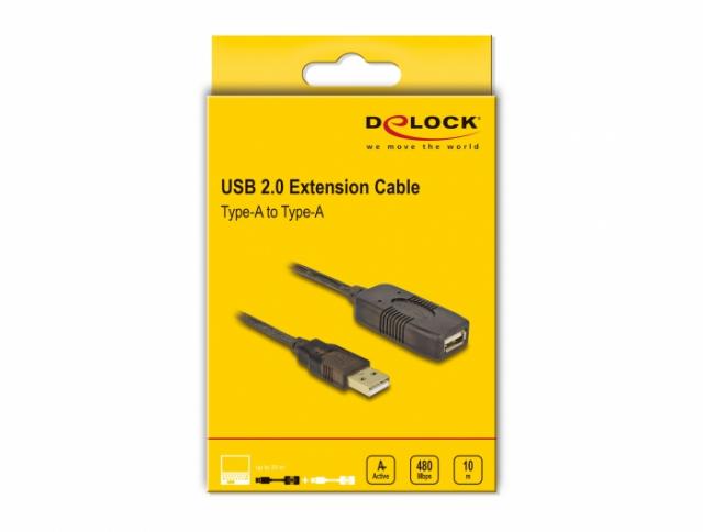 Удължителен кабел DeLock, USB-A мъжко - USB-A женско, USB 2.0, 10 м, Черен 