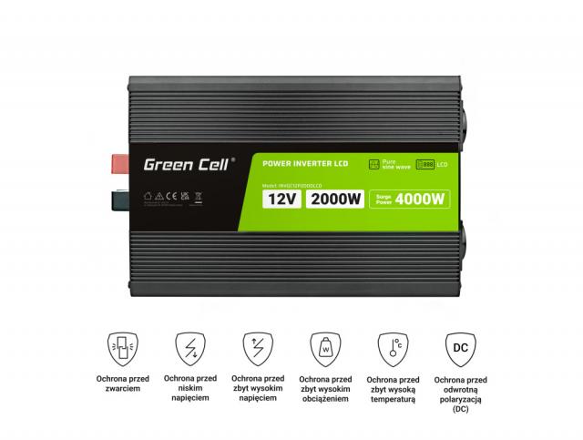 Инвертор GREEN CELL, 12/220V, DC/AC, 2000W/4000W, INVGCP2000LCD  LCD Чиста синусоида 