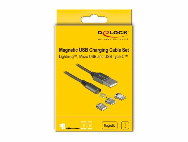 Delock Magnetic USB Charging Cable Set for 8 Pin / Micro USB / USB Type-C™ anthracite 1 m 