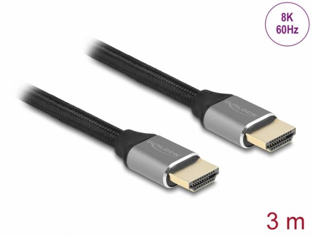 Кабел Delock Ultra High Speed, HDMI мъжко - HDMI мъжко, 48 Gbit/s, 8K 60 Hz, 3 м, Сив 