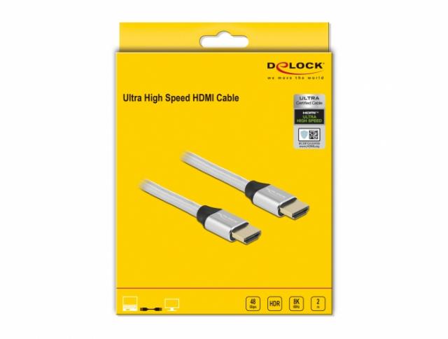 Кабел Delock Ultra High Speed,HDMI мъжко - HDMI мъжко, 48 Gbit/s, 8K 60 Hz, 2 м, Сребрист 