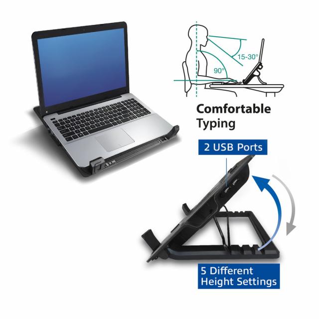 Laptop cooling stand, up to 17", adjustable height (5 positions), 2-port hub 