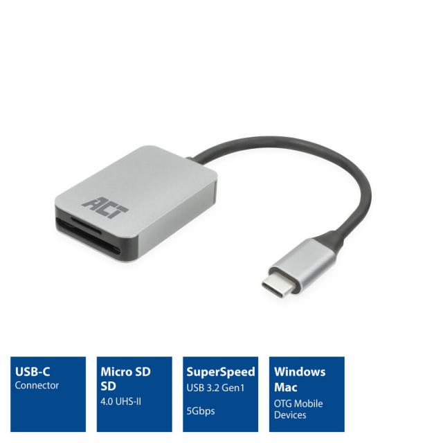 ACT USB-C card reader for SD and micro SD, SD 4.0 UHS-II 