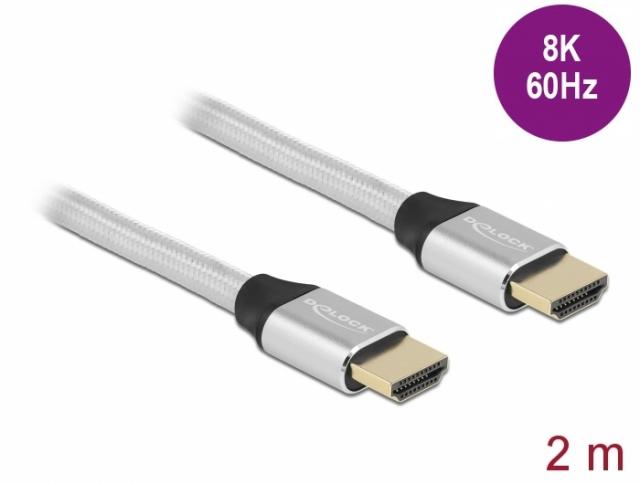 Кабел Delock Ultra High Speed,HDMI мъжко - HDMI мъжко, 48 Gbit/s, 8K 60 Hz, 2 м, Сребрист 