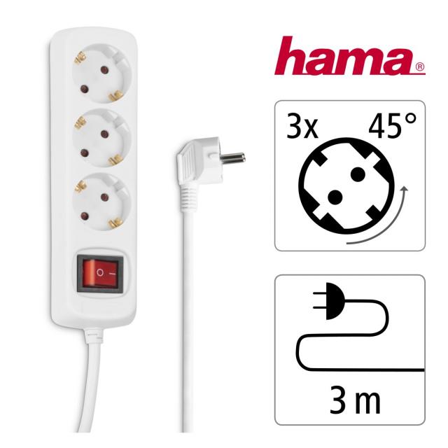 Distribution Panel, HAMA 30535,3 sockets, with switch, child-proof, 3 m, white 