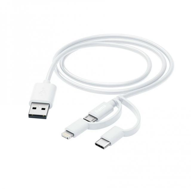 Кабел HAMA 3 в 1, USB-A - Micro-USB, USB-C и Lightning, 201535 