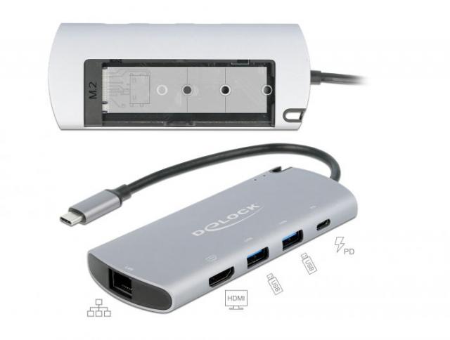 Докинг станция Delock USB-C, M.2 слот за SSD, HDMI, Gigabit LAN, 2xUSB-A, USB-C, Сива 