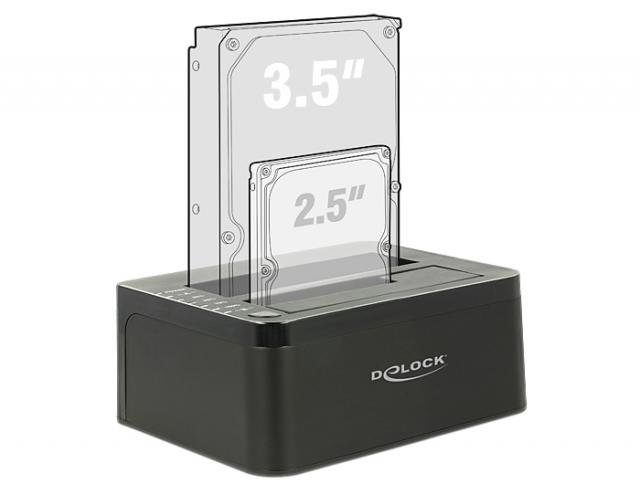 Външна докинг станция Delock 62661, за 2.5"/3.5" HDD/SSD, USB 3.0, Функция за клониране, Черен 