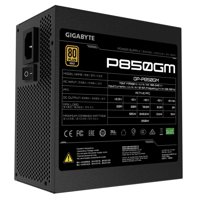 Power Supply Gigabyte P850GM, 850W 80+ GOLD Modular 