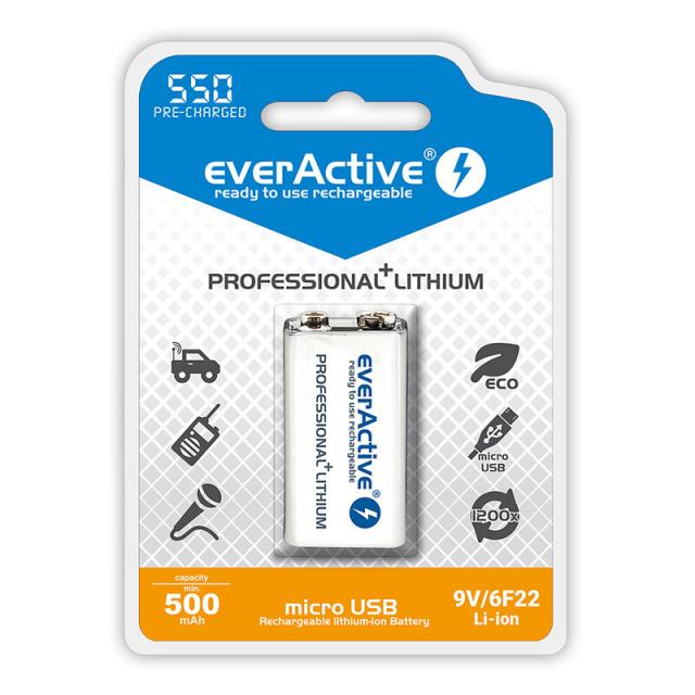 Акумулаторна Батерия R22 9V LiIon 500mAh/550 precharged +Usb-C  1бр. в опаковка EVERACTIVE 