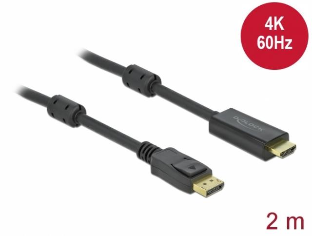 Кабел Delock DisplayPort мъжко - HDMI мъжко, 2 м., 4K 60Hz, Черен 