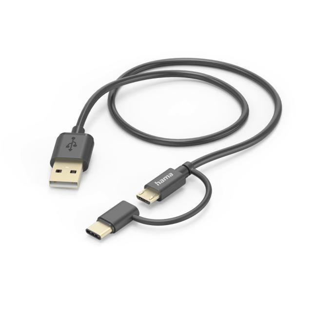 Hama 2-in-1 Multi Charging Cable, USB-A - Micro-USB and USB-C, 1 m, 201533 