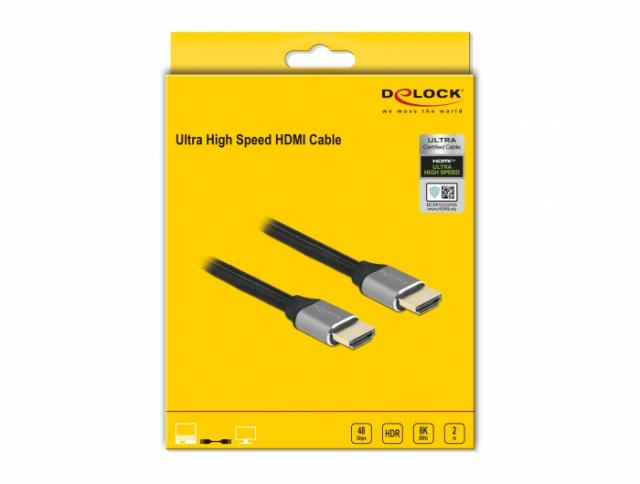 Кабел Delock Ultra High Speed, HDMI мъжко - HDMI мъжко, 48 Gbit/s, 8K 60 Hz, 2 м, Сив 