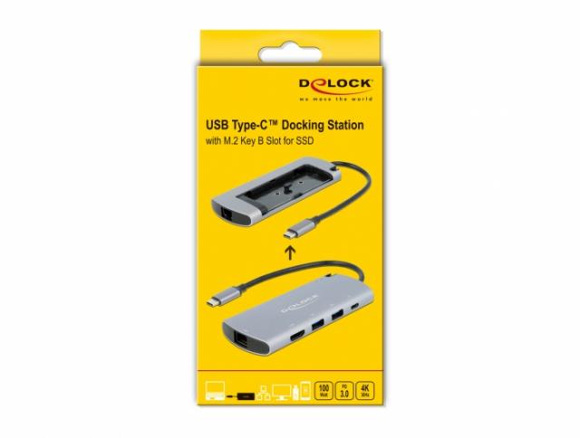 Докинг станция Delock USB-C, M.2 слот за SSD, HDMI, Gigabit LAN, 2xUSB-A, USB-C, Сива 