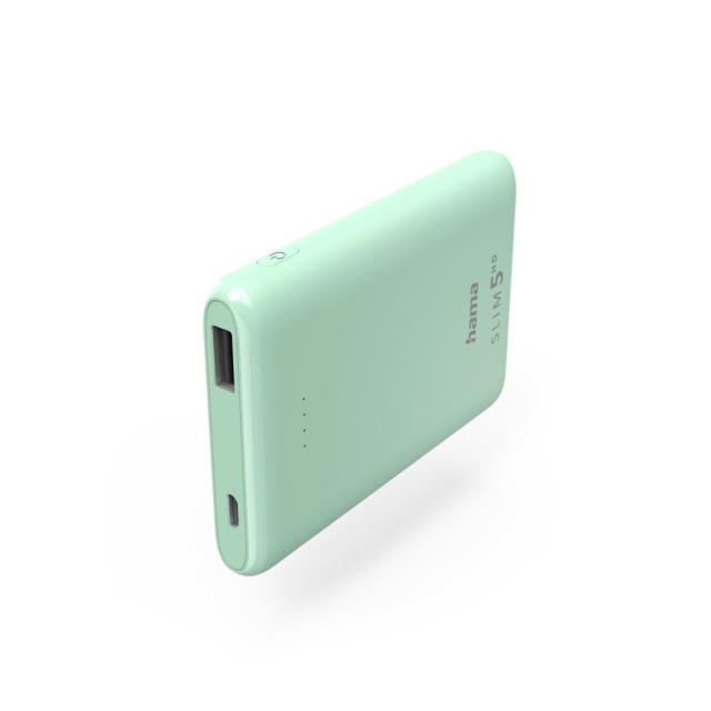 Hama "SLIM 5HD" Power Pack, 5000 mAh, Output: USB-A, mint green 