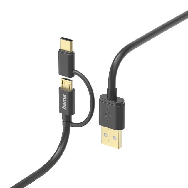 Hama 2-in-1 Multi Charging Cable, USB-A - Micro-USB and USB-C, 1 m, 201533 