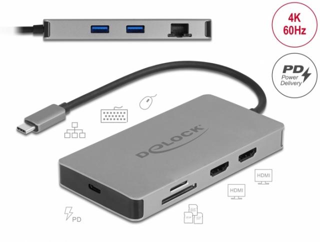 Докинг станция Delock USB-C - Dual HDMI, USB 3.2, SD, LAN, PD3.0, Сива 