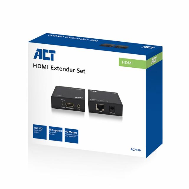 HDMI extender set, single Cat6, 60 meter, 3D and IR support 