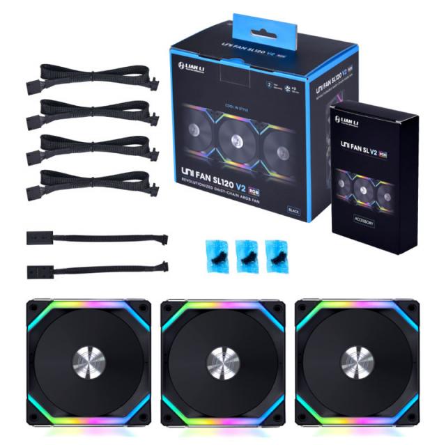 Вентилатори Lian-Li UNI SL120 V2 RGB PWM, 3 броя в комплект, Включен контролер, Черен 