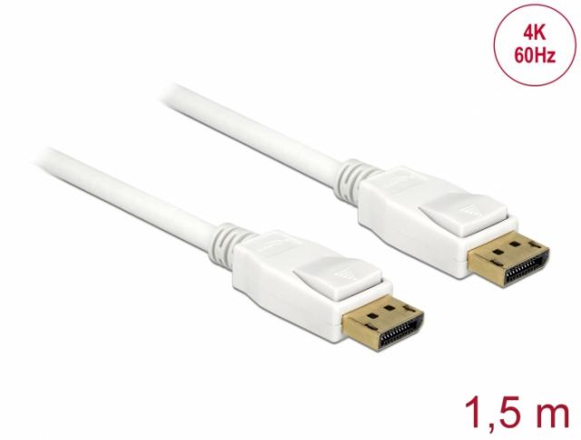 Кабел Delock DisplayPort 1.2 мъжко - DisplayPort мъжко, 1.5м, 4K 60 Hz, Бял 