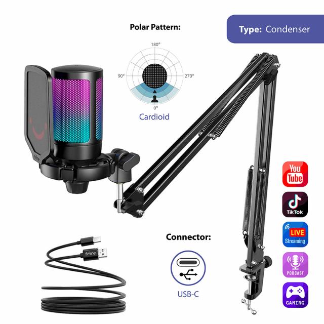 Microphone with Boom Arm FIFINE A6T RGB - Black 