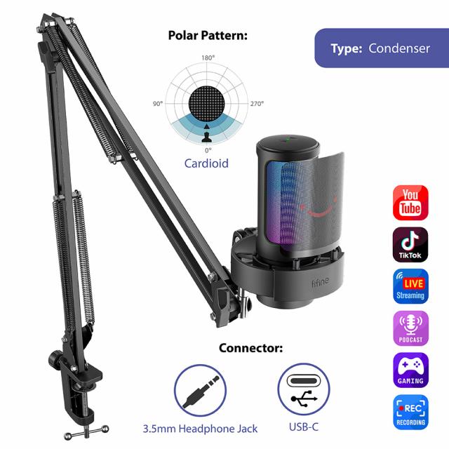 Microphone with Adjustable Arm Stand FIFINE A8T RGB - Black 