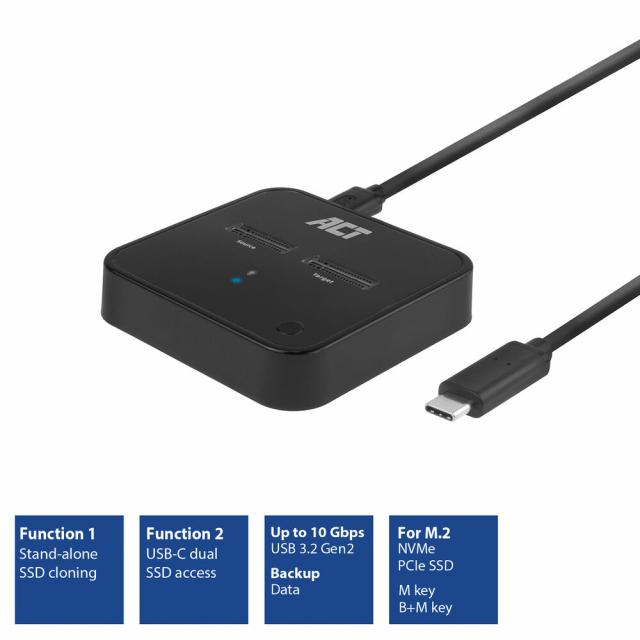 Двойна SSD докинг станция, ACT M.2 NVMe/PCIe  за клониране, USB-C 3.2 Gen2, 10 Gbps 