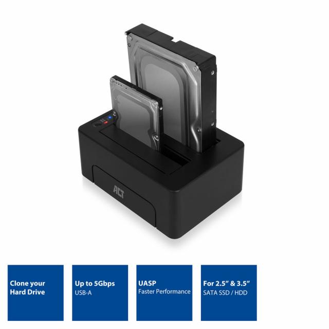 ACT 2.5" and 3.5" SATA dual HDD/SSD docking station, USB 3.2 Gen1 