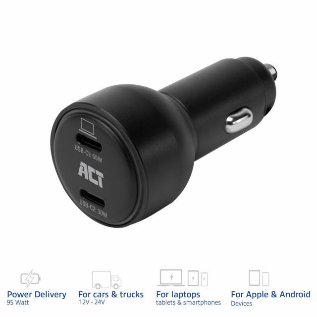 ACT Fast car charger 95W 2x USB-C, PD, GAN, 12-24V 