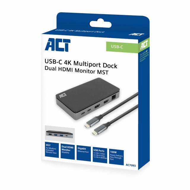 ACT Docking station USB-C 4K MST, Ethernet, USB-C, 3x USB-A, PD 