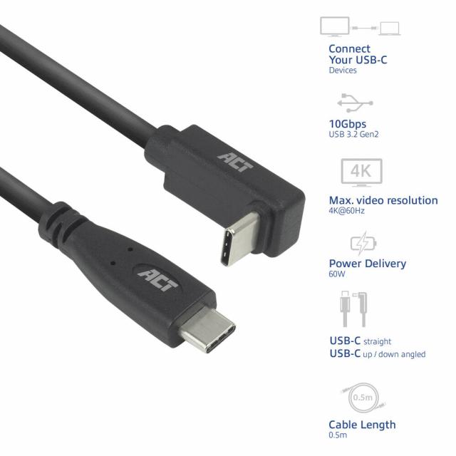 ACT Cable USB-C - USB-C, 10Gbps, 60W, 0.5 m, connectors - 1x прав и 1x на 90° up/down angled 