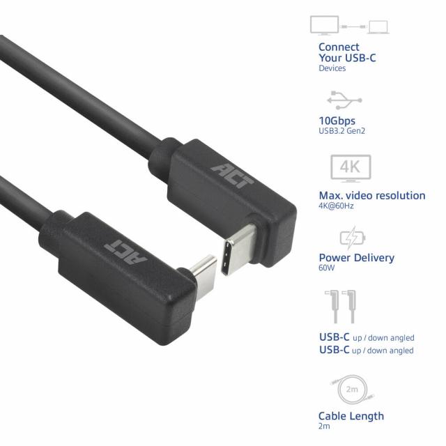 USB 3.0 10Gbps 60W USB Type-C® (up/down angled) to USB Type-C® (up/down angled) Cable, 2 meters 