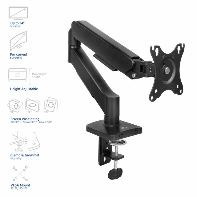Monitor arm 34", gas spring, 1 monitor, ACT Essentials 