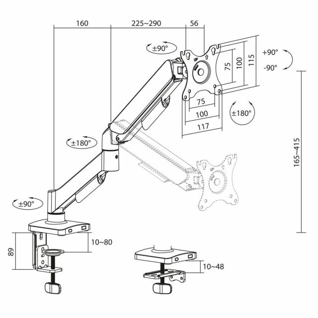 Monitor arm 34", gas spring, 1 monitor, ACT Essentials 