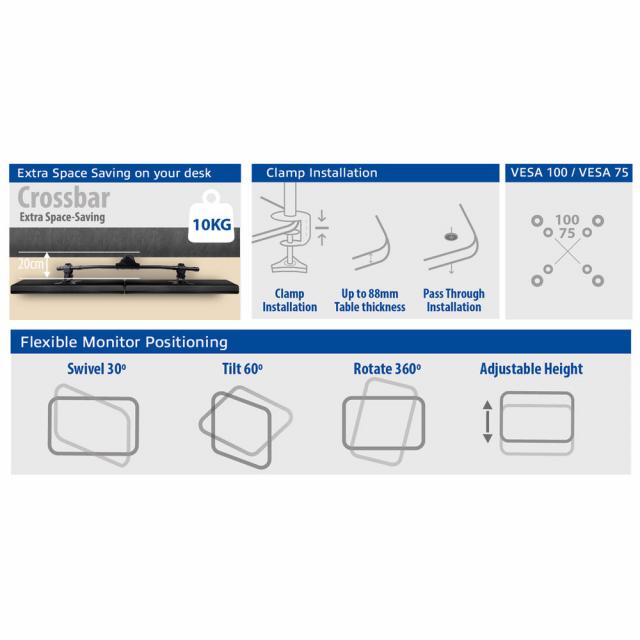 Monitor desk mount, 2 screens up to 27", VESA 