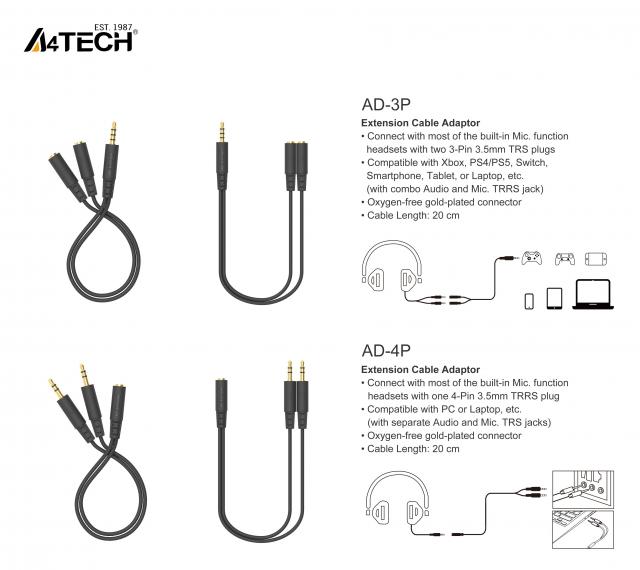 A4Tech Адаптер AD-3P 3.5mm жак мъжко - 2 х 3.5mm жак женско 