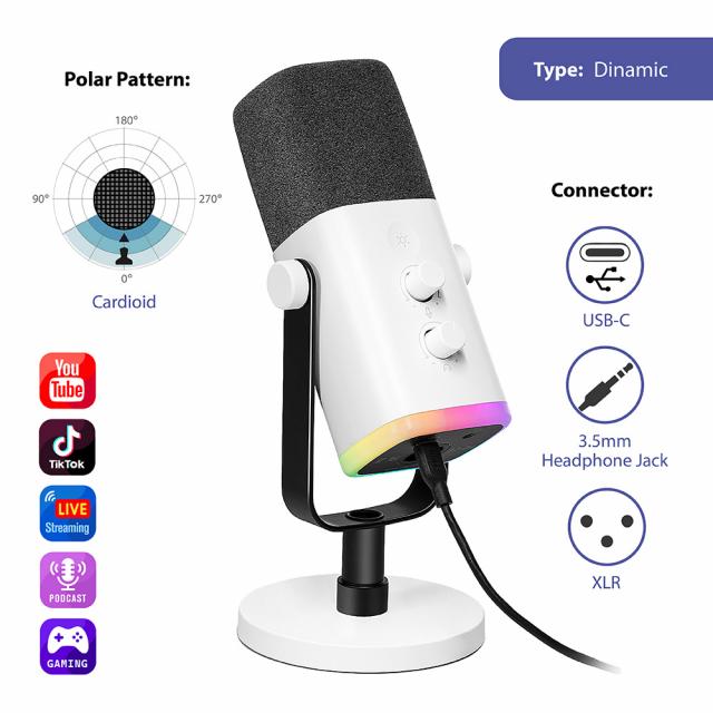 Desktop Microphone FIFINE AM8 Dynamic RGB XLR/USB - White 