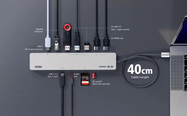 ATEN Docking 11-in-1 USB-C Multiport Dock + Power Pass-Through, 2 x HDMI, LAN, 3.5mm, USB-C, SD Card, microSD, 3 x USB 3.2 