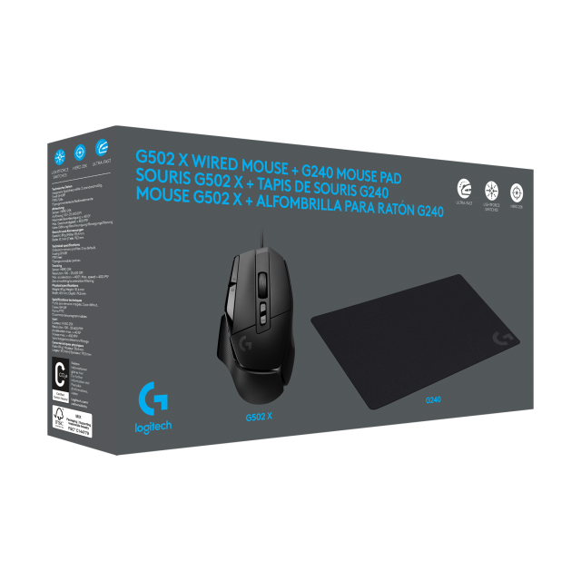 Бъндъл Геймърска мишка Logitech G502 X, Жична + Подложка за Мишка G240 