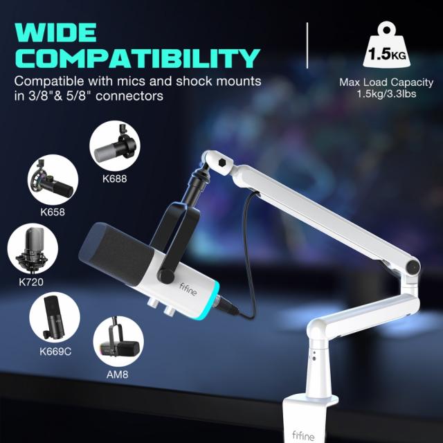 FIFINE BM88 White Steady Full Metal High End Boom Arm Stand 