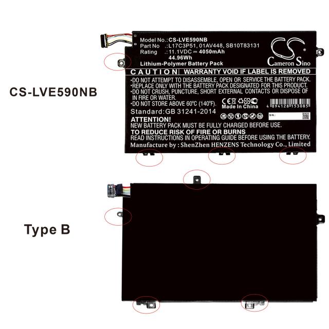 Laptop Battery for  LENOVO ThinkPad E14, ThinkPad E15, ThinkPad E480, ThinkPad E580 L17C3P51  LiPo 11.1V 4050 mAh CAMERON  SINO 