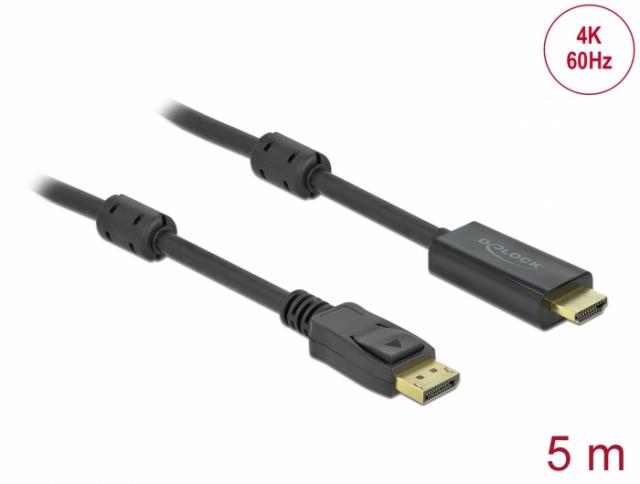 Кабел Delock DisplayPort мъжко - HDMI мъжко, 5 м., 4K 60Hz, Черен 