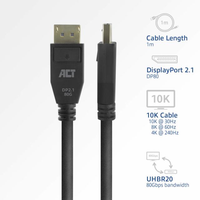 ACT Cable Display port 2.1 male-male, 8K@60Hz, 4k@240Hz, 1m, black 